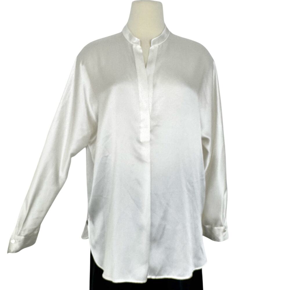 VINCE Silk Band-Collar Blouse Top Sheer Long Sleeves in Optic White L NWT